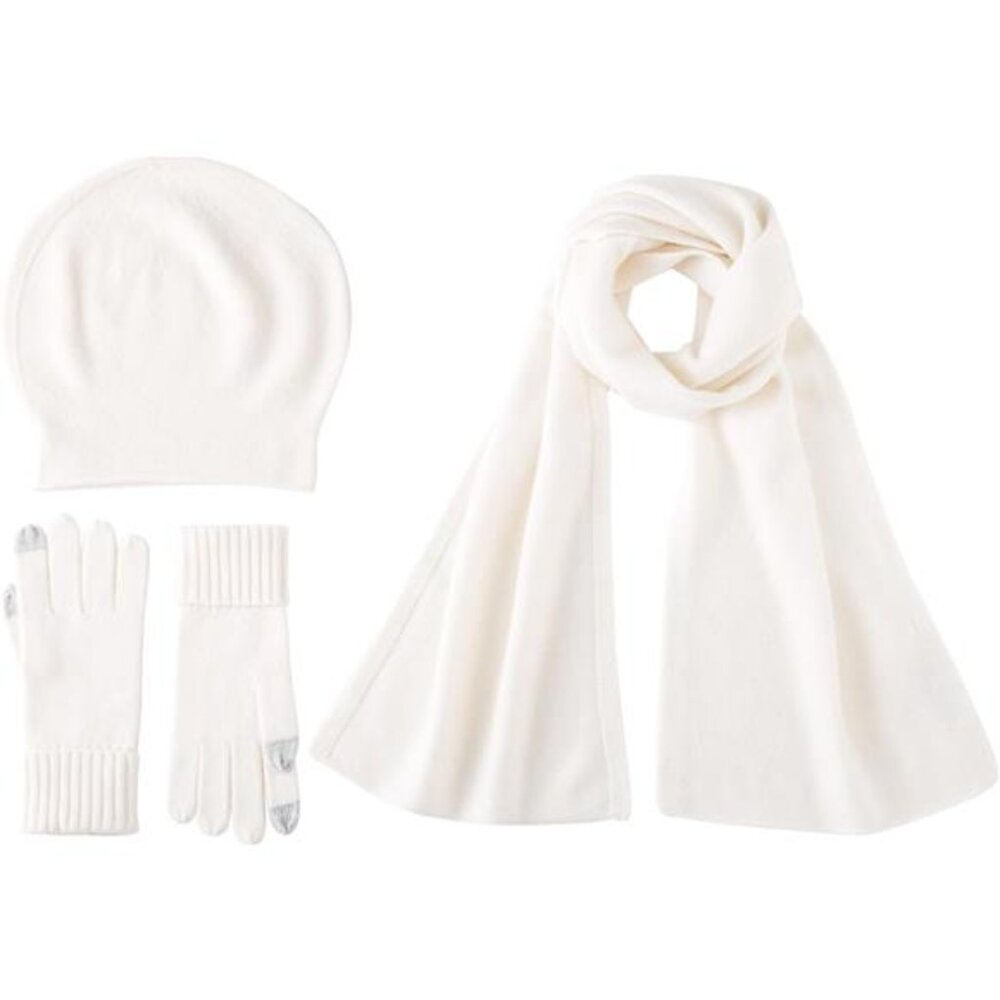 Luxury Warm 3 Pieces‎ 100% Cashmere Scarf Hat Gloves Set for Women Beanie Hat